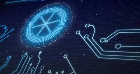 Image of network of connections and scope scanning on black background Stock Photos