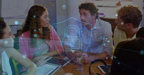 Image of network with connections and security padlock over diverse business Foto stock