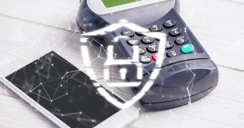 Image of network of connections and security padlock over smartphone and payment Foto stock