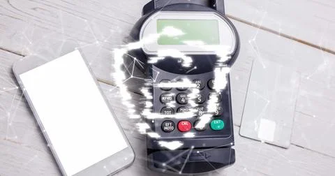 Image of network of connections and security padlock on shield over payment Foto stock