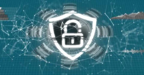 Image of network of connections and security padlock over blue background Foto stock