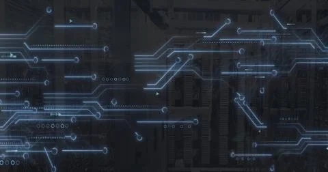 Image of network of connections and server room over diagrams Illustrazione stock