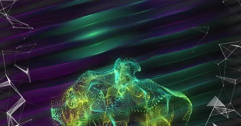Image of network of connections and shapes over light trails on black background 스톡 일러스트