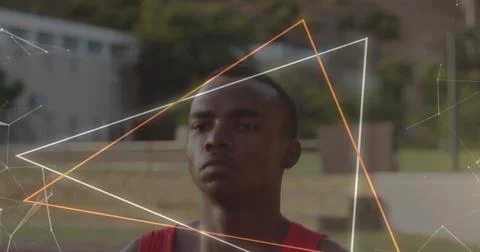 Image of network of connections and triangle over african american sportsman Stock Photos