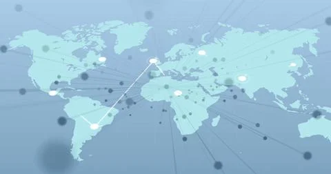 Image of network of connections and world map over blue background Ilustração Stock