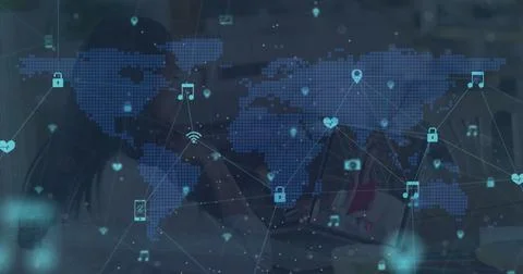 Image of network of connections and world map over caucasian woman using laptop Stock Illustration