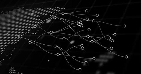Image of network of connections and world map over black background Stock Photos