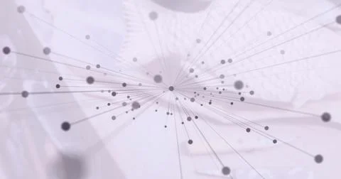 Image of network of connections with black spots over fish Ilustração Stock