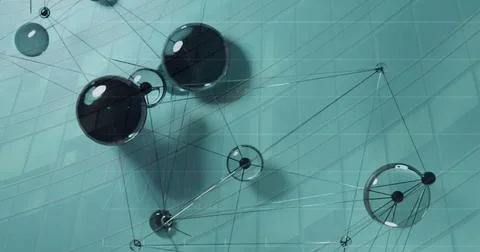 Image of network of connections with circles over office building Stock Illustration