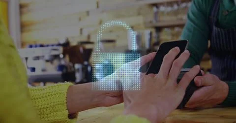 Image of network of connections with cloud icon over people using payment Stock Photos