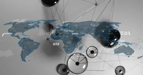 Image of network of connections with data over world map 写真素材