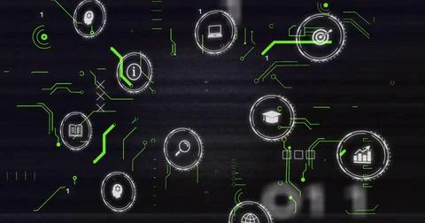 Image of network of connections with data over media icons 写真素材