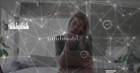 Image of network of connections with data over caucasian businesswoman with Stock Photos