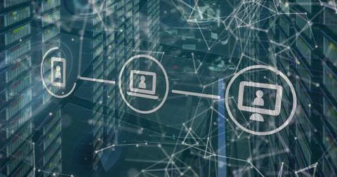 Image of network of connections, data processing over computer servers Stock Illustration