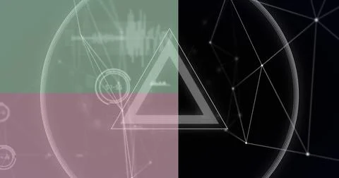 Image of network of connections with data processing and shapes on black 스톡 일러스트