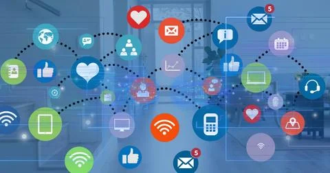 Image of network of connections with data processing and computer servers Illustrazione stock