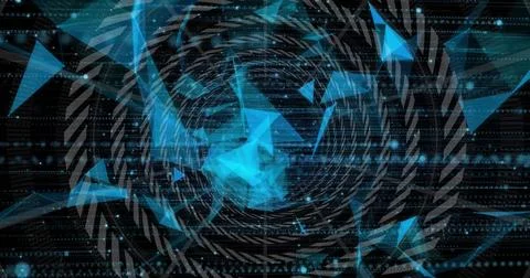 Image of network of connections with data processing over circles on black Stock Illustration