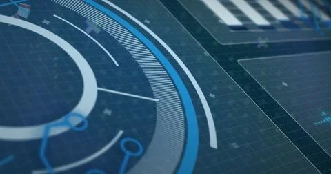 Image of network of connections, data processing and scope scanning over blue Illustrazione stock