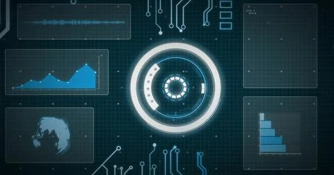 Image of network of connections, data processing and scope scanning over black 스톡 일러스트