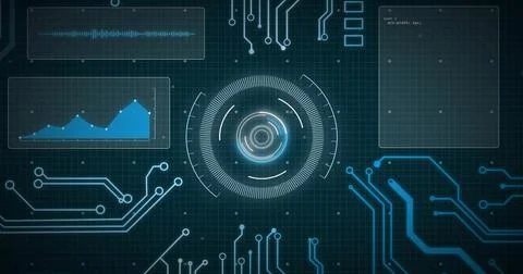 Image of network of connections, data processing and scope scanning over black 스톡 일러스트