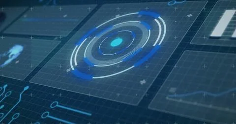 Image of network of connections, data processing and scope scanning over blue Illustrazione stock