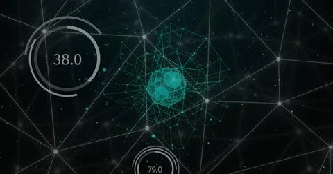 Image of network of connections with data processing on black background Illustrazione stock
