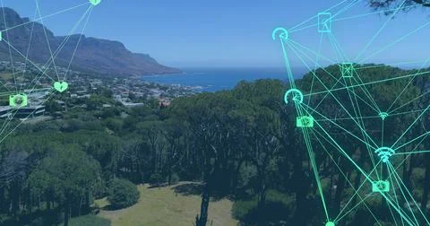 Image of network of connections data processing over landscape Foto stock