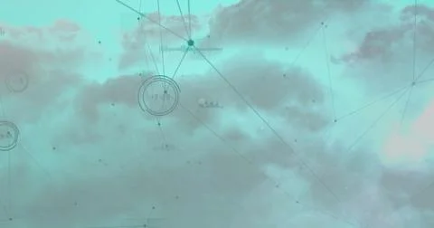 Image of network of connections with data processing and shapes over sky with Stockfoto's