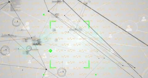 Image of network of connections with data processing and shapes over grey 스톡 사진