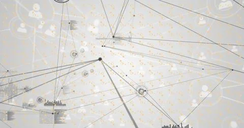 Image of network of connections with data processing and shapes over grey 스톡 사진