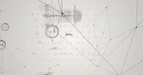Image of network of connections with data processing and shapes over grey Foto stock
