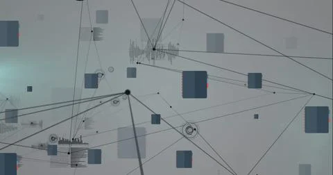 Image of network of connections with data processing and shapes over grey Stock Photos