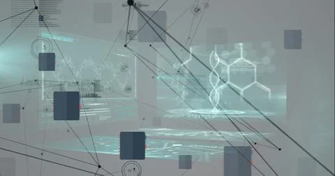 Image of network of connections with data processing and shapes over grey Stockfoto's