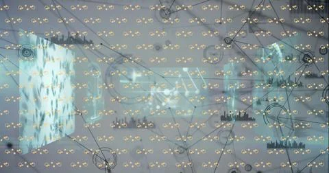 Image of network of connections with data processing and shapes over screens on 스톡 사진