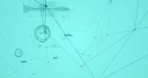 Image of network of connections with data processing and shapes over blue Foto stock