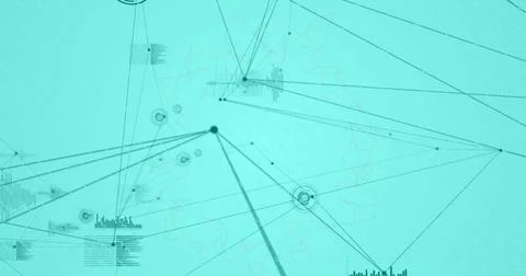 Image of network of connections with data processing and shapes over blue Foto stock