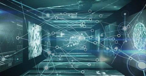 Image of network of connections, data processing over screens Foto stock