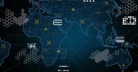 Image of network of connections with data processing over world map on black Stock Photos