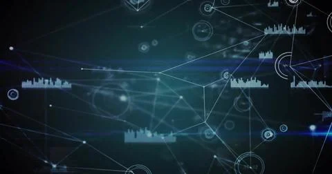 Image of network of connections with data processing on black background Stock Photos