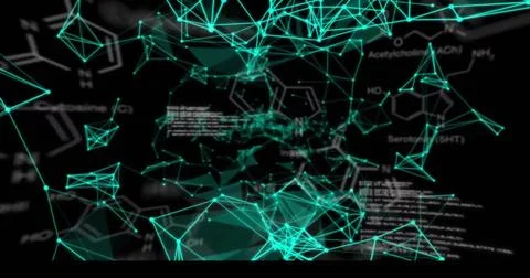 Image of network of connections with data processing on black background Stockfoto's