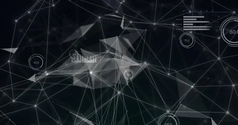 Image of network of connections with data processing on black background Stock Photos