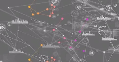 Image of network of connections with data processing on grey background Foto stock