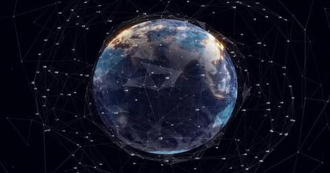 Image of network of connections with data processing over globe on black Foto stock