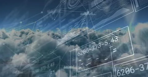 Image of network of connections with data processing over sky with clouds Stock Photos