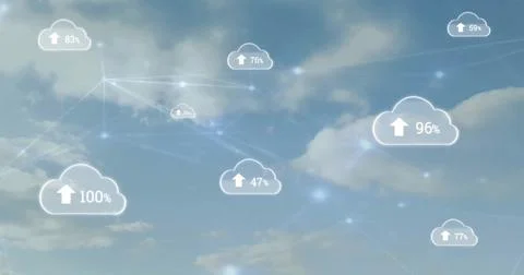 Image of network of connections with digital clouds over blue sky and clouds Stock Photos
