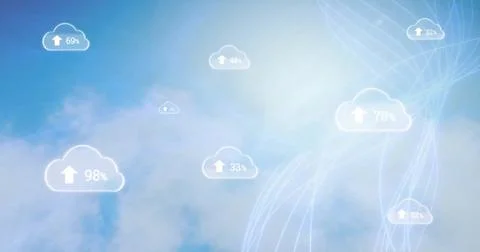 Image of network of connections with digital clouds over blue sky and clouds Foto stock