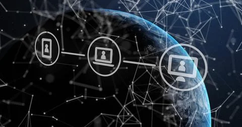 Image of network of connections with digital icons over globe Stock Illustration