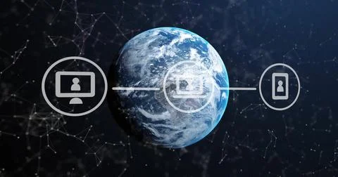 Image of network of connections with digital icons over globe 스톡 일러스트