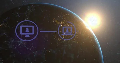Image of network of connections with digital icons over globe イラスト素材