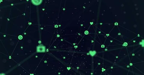 Image of network of connections with digital icons on black background Stock Illustration